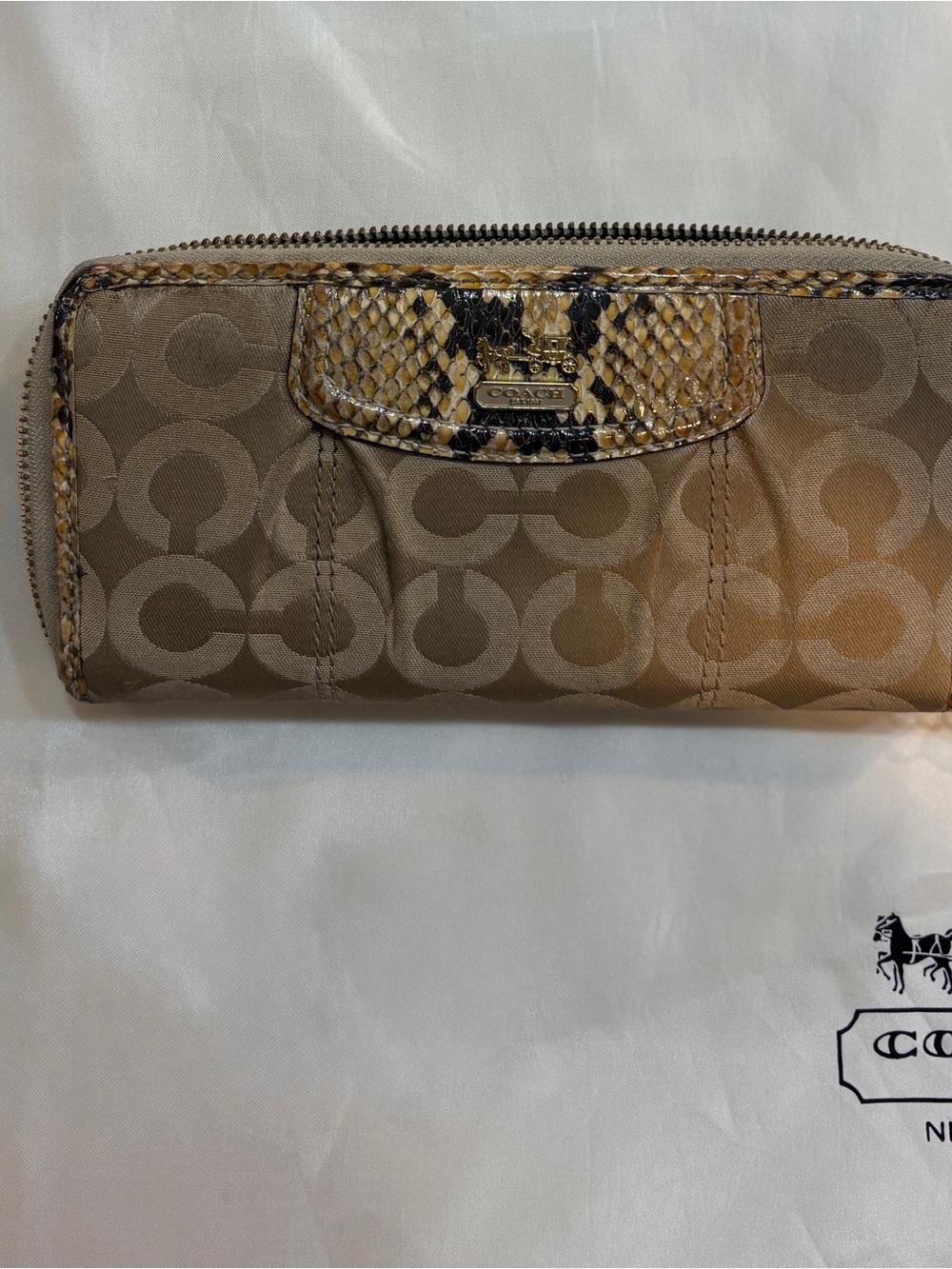 Coach Khaki Signature Canvas Wallet with Snakeskin Trim